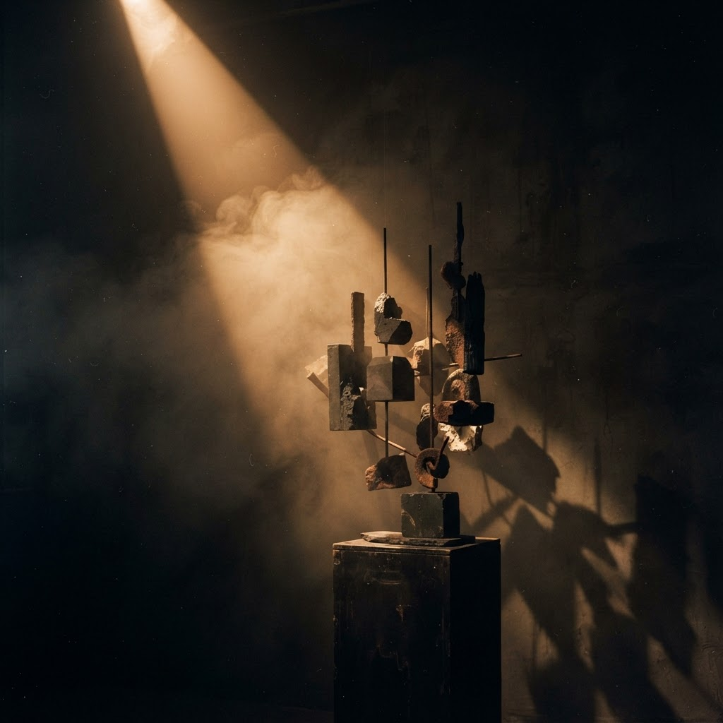 Abstract cinematic still of a warm light beam through fog against a dark background