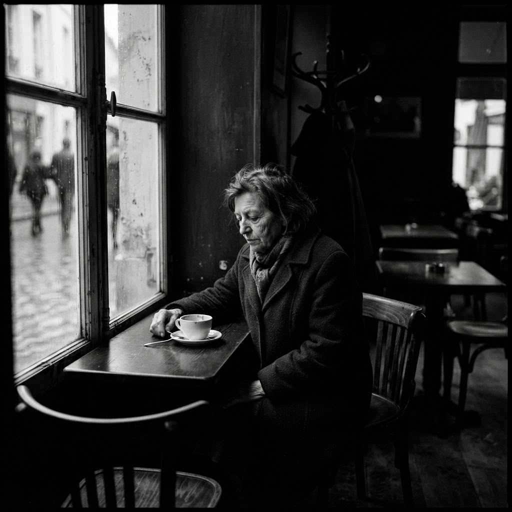 Moody fine-art photograph of a lone figure in soft window light with deep shadows