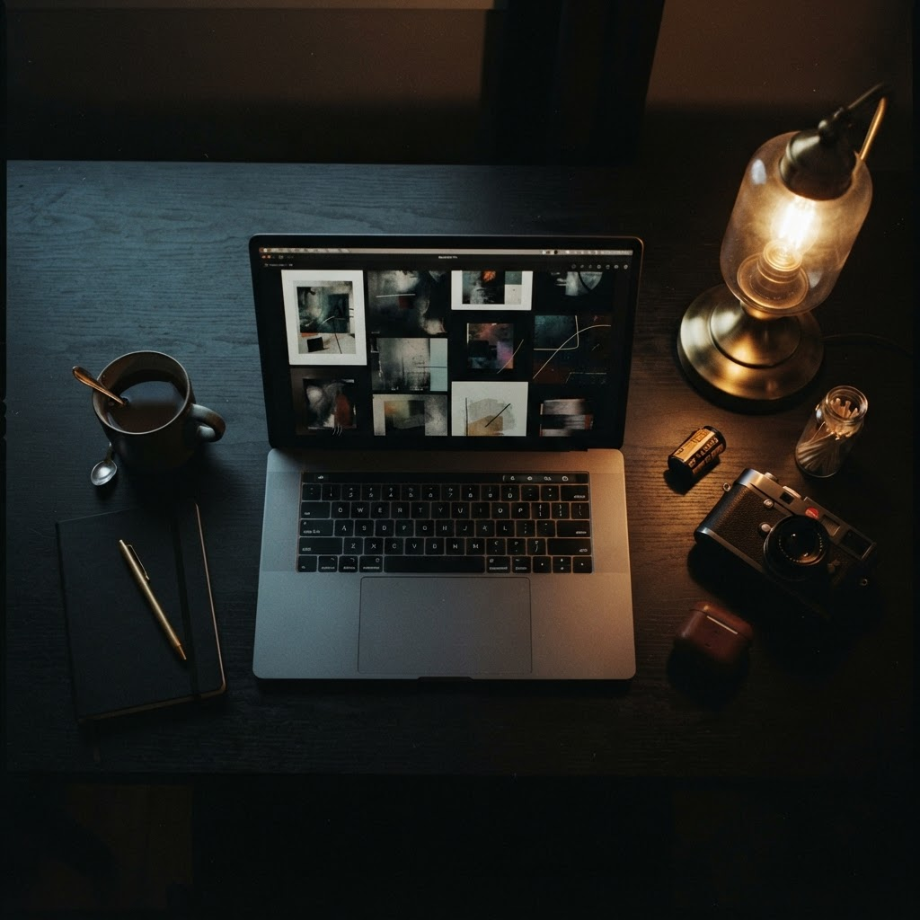 Overhead flat-lay of a dark creative workspace at night with abstract thumbnail compositions